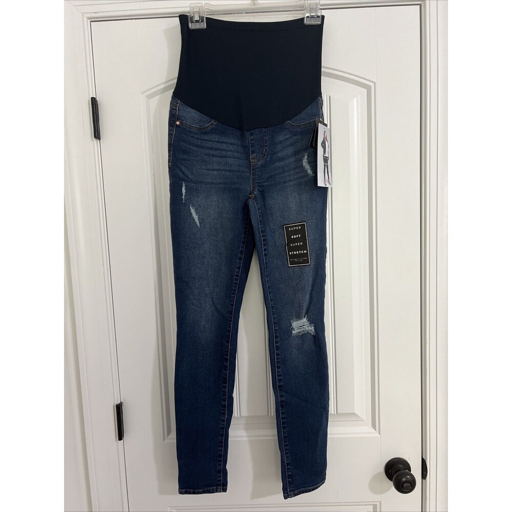 Women’s Celebrity Pink Distressed Dark Wash Maternity Skinny Jeans Size S